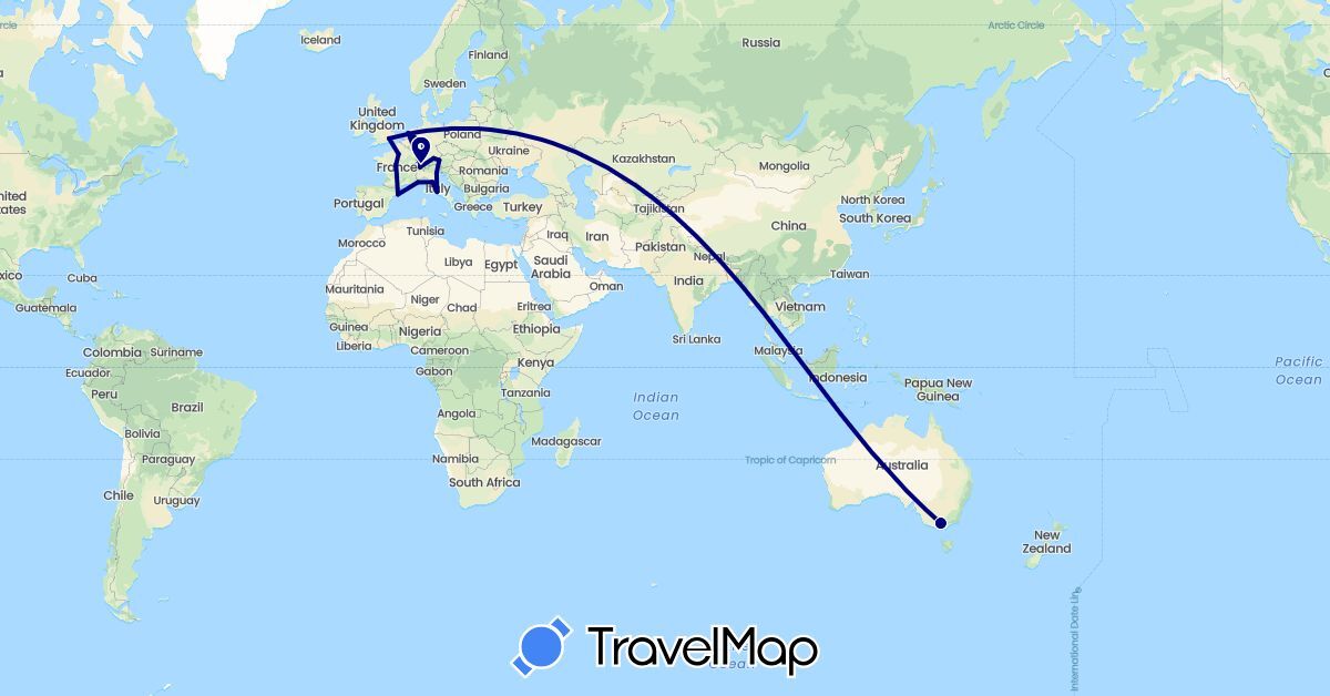 TravelMap itinerary: driving in Austria, Australia, Switzerland, Germany, Spain, France, United Kingdom, Italy, Monaco, Netherlands (Europe, Oceania)